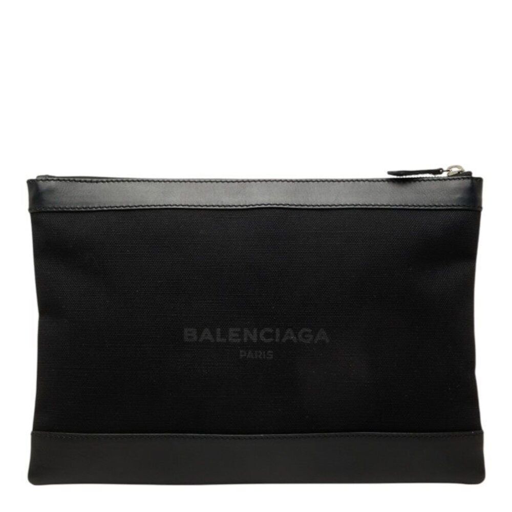Balenciaga Navy Clip Canvas Leather Clutch Bag